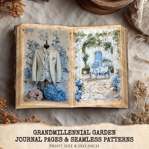 May include: Open journal pages with vintage-style illustrations. One page features a suit on a mannequin, the other a garden scene with a carriage. Blue and white floral patterns and flowers accent the pages. The print size is 8.5x11 inches.