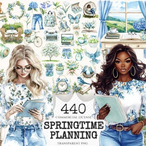 Springtime Planning Watercolor Clipart Set - 435+ transparent PNG, Spring reading graphics, Book lover art, Commercial use, Digital download