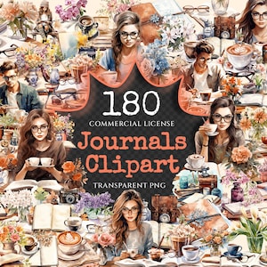 May include: A collection of 180 watercolour clipart images featuring journals, coffee cups, flowers, and other elements. The images are perfect for creating digital scrapbooking projects, invitations, and other paper crafts.
