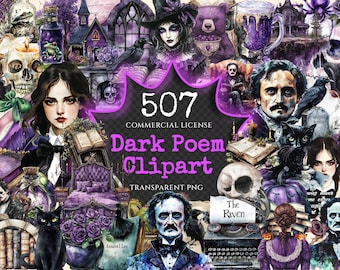 Edgar Allan Poe Clipart – Dark Victorian Watercolor PNG Bundle (Digital Download)