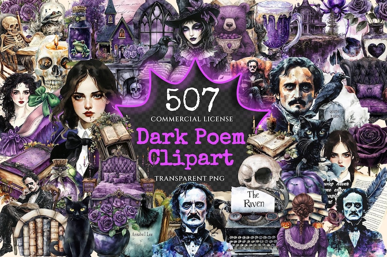 Edgar Allan Poe Clipart – Dark Victorian Watercolor PNG Bundle (digital ...