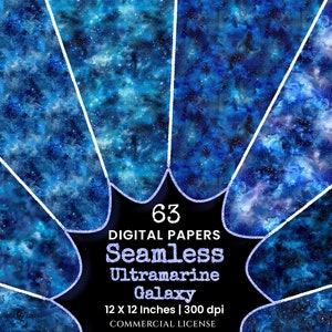 Ultramarine Galaxy Seamless Digital Paper - 63 Scrapbook patterns, Blue night sky backgrounds, Space foil, Commercial use, Digital download