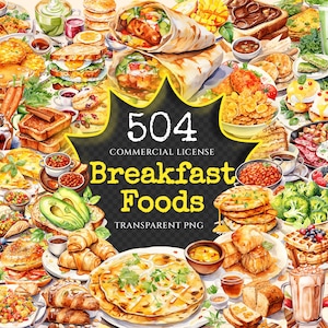 Breakfast Foods Watercolor Clipart Bundle - 500+ transparent PNG, Breakfast plate graphics, Early meal png, Commercial use, Digital download
