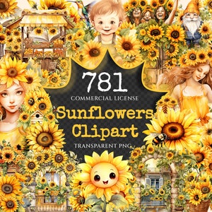 Sunflowers Watercolor Clipart Bundle - 776+ transparent PNG, Vibrant sunflower png, Radiant summer flowers, Commercial use, Digital download