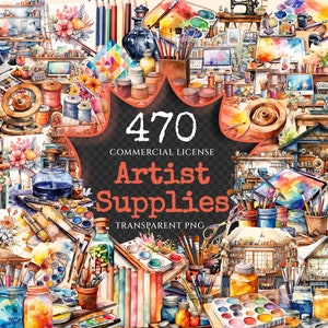 Artist Supplies Watercolor Clipart Bundle - 465+ transparent PNG, Art supplies png, Creative painter Image, Commercial use, Digital download