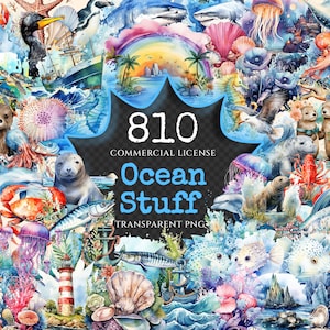 Ocean Stuff Watercolor Clipart Bundle - 800+ transparent PNG, Ocean-themed clipart, Ocean creatures designs, Commercial use,Digital download