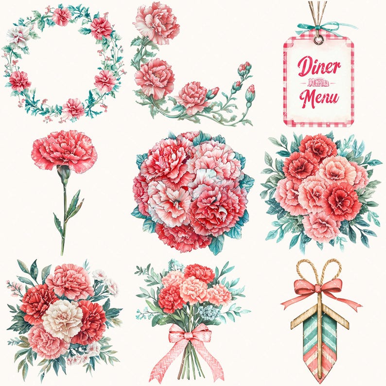 American Neon Diner Floral Arrangements, Carnation Floral PNG, Carnation Bouquet, Flowers, Decor, Ornaments, Flower Art, Digital download