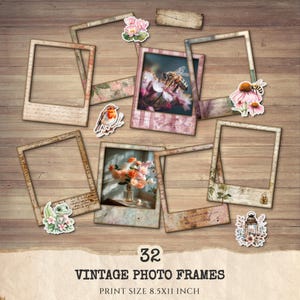 Puede incluir: Un conjunto de 32 marcos de fotos vintage con un aspecto envejecido y desgastado. Los marcos están dispuestos sobre una superficie de madera, acompañados de pegatinas florales y de animales. El tamaño de impresión es de 21,6 x 27,9 cm.