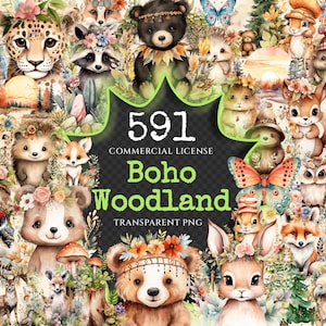 Boho Woodland Animals Watercolor Clipart Bundle - 586+ transparent PNG, Forest, Fox Bear Deer Owl Raccoon, Commercial use, Digital download