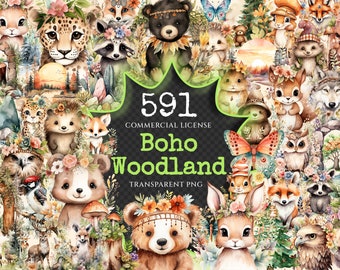May include: A collection of 591 watercolour illustrations featuring woodland animals, including bears, foxes, owls, rabbits, and deer. The animals are depicted in a whimsical and charming style, with floral accents and bohemian details. The illustrations are perfect for creating digital designs, scrapbooking, and other creative projects. The text "591 Commercial License Boho Woodland Transparent PNG" is displayed on a black chalkboard.