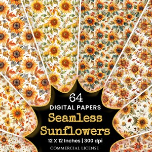 Könnte beinhalten: Sechs digitale Papiere mit nahtlosen Sonnenblumenmustern in Gelb-, Orange- und Brauntönen. Die Papiere messen 30,48 x 30,48 cm und haben eine Auflösung von 300 dpi. Der Text auf dem Bild lautet "64 DIGITAL PAPERS Seamless Sunflowers 12 X 12 Inches | 300 dpi COMMERCIAL LICENSE."