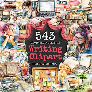 Writing Watercolor Clipart Bundle - 540+ transparent PNG, Writing tools illustrations, Composition images, Commercial use, Digital download