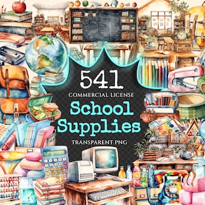 School Supplies Watercolor Clipart Bundle - 535+ transparent PNG, Back to school images, Elementary school, Commercial use, Digital download