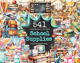 Watercolor School Supplies Clipart – 535+ PNG, Commercial Use (Digital Download)