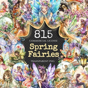 Spring Fairies Watercolor Clipart Bundle - 810+ transparent PNG, Whimsical fairy graphics, Magical fairy, Commercial use, Digital download