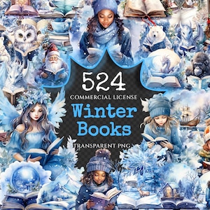 Winter Books Watercolor Clipart Bundle - 520+ transparent PNG, Cozy holiday book graphics, Festive reading, Commercial use, Digital download