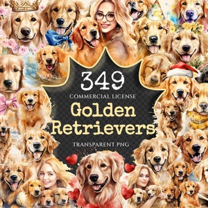 Golden Retrievers Watercolor Clipart Bundle - 345+ transparent PNG, Playful dog graphics, Golden pup art, Commercial use, Digital download
