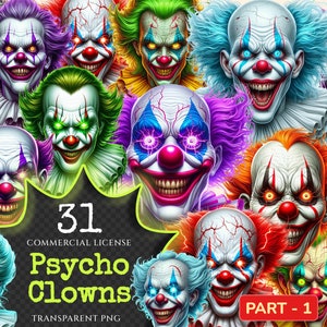 Psycho Clowns PNG Clipart Collection - 31 PNG, Spooky clown illustrations, Haunted circus graphics, Commercial use, Digital download