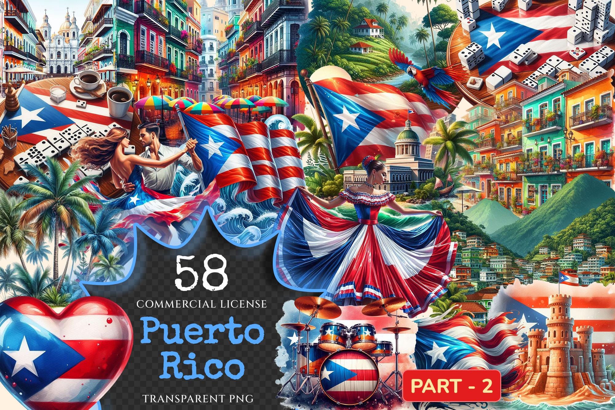Puerto Rico (P-2) PNG Clipart Collection - 58 PNG, Tropical travel illustrations, Puerto rico island prints, Commercial use,Digital download