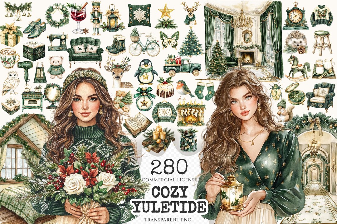 Cozy Yuletide Watercolor Clipart Set – 275+ PNG Graphics (digital ...