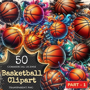 Basketball PNG Clipart Collection - 50 PNG, Energetic basketball illustrations, Sports printables, Commercial use, Digital download
