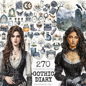 Gothic Diary Watercolor Clipart Set - 265+ transparent PNG, Dark academia graphics, Gothic halloween art, Commercial use, Digital download
