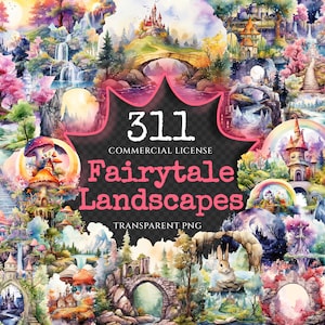 Fairytale Landscapes Watercolor Clipart Bundle - 308+ transparent PNG, Enchanting Fantasy png, Magical png, Commercial use, Digital download