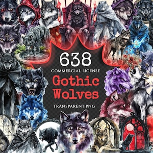 Könnte beinhalten: Eine Sammlung von 638 digitalen Illustrationen von Gothic-Wölfen in verschiedenen Posen und Umgebungen. Die Wölfe sind in einem dunklen und stimmungsvollen Stil dargestellt, viele mit aufwendigen Details und Texturen. Die Bilder sind perfekt für die Verwendung in digitalem Scrapbooking, Kartenherstellung und anderen kreativen Projekten.