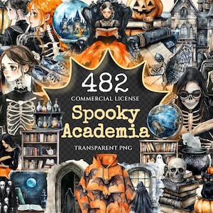 Spooky Academia Watercolor Clipart Bundle - 479+ transparent PNG, Gothic study graphics, Mystical academic, Commercial use, Digital download