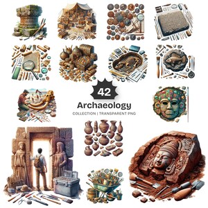 May include: A collection of 42 archaeology-themed illustrations featuring ancient stone columns, excavation sites, antique coins, fossilized skeletons, pottery, a decorative mask, and various tools like brushes, magnifying glasses, and trowels.