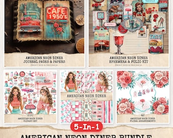 American 1950s Neon Diner Mega Bundle – Retro Ephemera, Clipart, Patterns (Digital Download)