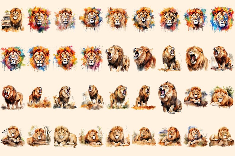Watercolor Lion Clipart Bundle – 248+ PNG Graphics, Commercial Use ...