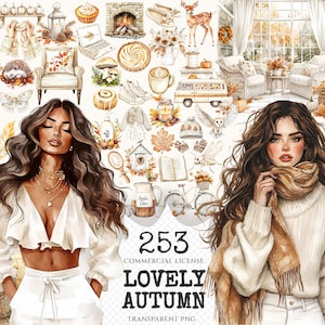 Lovely Autumn Watercolor Clipart Set - 250+ transparent PNG, Pumpkin season graphics, Girl with book images, Commercial use,Digital download