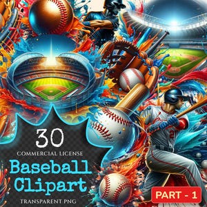 Baseball PNG Clipart Collection - 30 PNG, Vibrant baseball graphics, Athletic sports printables, Commercial use, Digital download