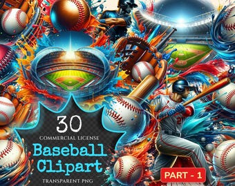 Vibrant Baseball Graphics Clipart – 30 PNG, Sports Printables (Digital Download)