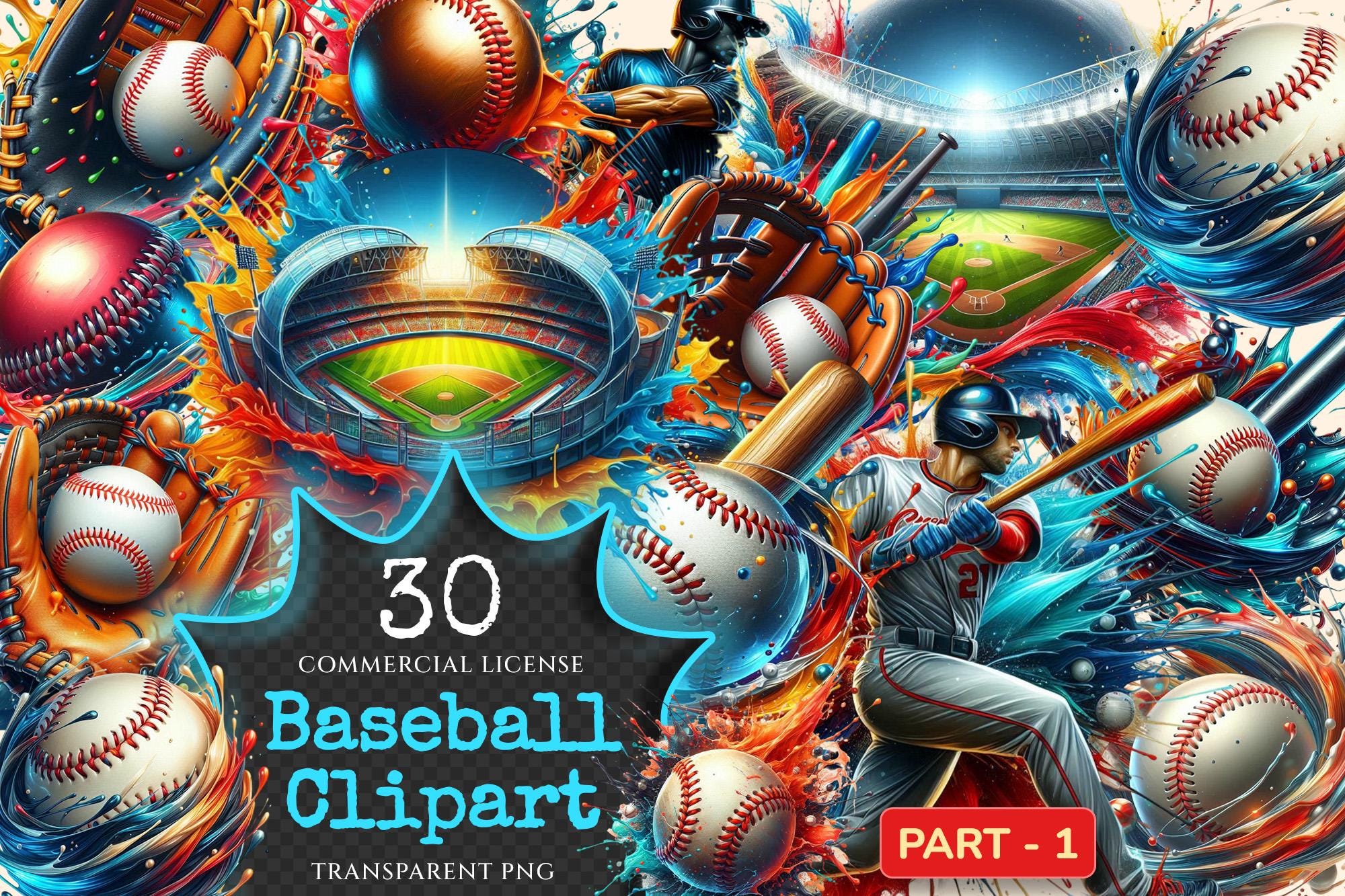 Vibrant Baseball Graphics Clipart – 30 PNG, Sports Printables (digital ...