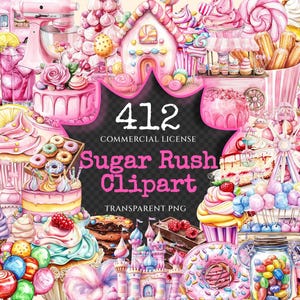 Sugar Rush Watercolor Clipart Bundle - 410+ transparent PNG, Fun candy illustrations, Sweet treat graphics, Commercial use, Digital download