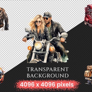 Bikers Watercolor Clipart Bundle - 480+ transparent PNG, Road warrior enthusiast illustrations, Motorbike, Commercial use, Digital download
