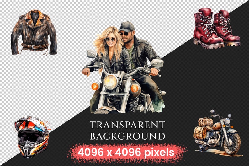 Bikers Watercolor Clipart Bundle - 480+ transparent PNG, Road warrior enthusiast illustrations, Motorbike, Commercial use, Digital download