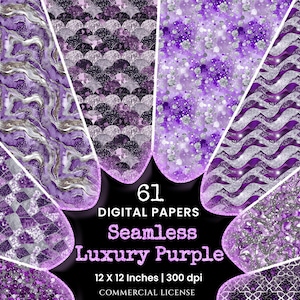 Luxury Purple and Silver Glitter Seamless Digital Paper - 61 Scrapbook patterns, Event cards, Gift wrapper, Commercial use, Digital download