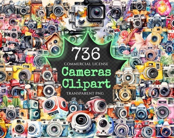 May include: A collection of 736 watercolour illustrations of vintage cameras in various colours and styles. The images are transparent PNG files and are available for commercial use.