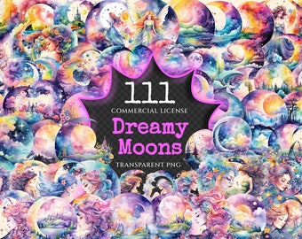 May include: A collage of 111 watercolor illustrations of moons, stars, and celestial scenes. The images feature dreamy landscapes, celestial bodies, and ethereal figures. The text "111 Commercial License Dreamy Moons Transparent PNG" is displayed in the center of the image.