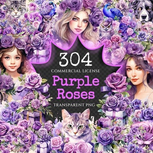 Purple Roses Watercolor Clipart Bundle - 300+ transparent PNG, Stunning flower graphics, Rose leaf images, Commercial use, Digital download