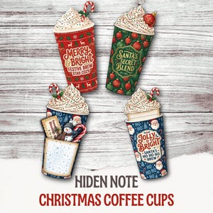 May include: Four illustrated coffee cups with whipped cream and holiday themes. One red cup says Merry & Bright, one green cup says Santa's Secret Blend, one blue cup features a snowman and Santa, and one blue cup says Jolly & Bright Santa's Ho Ho Ho Brew.