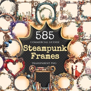 Könnte beinhalten: Eine Sammlung von 585 Steampunk-Rahmen in verschiedenen Formen, darunter Kreise, Quadrate und Herzen. Die Rahmen weisen komplizierte Designs mit Zahnrädern, Zahnkränzen und floralen Elementen in einer Palette von Braun-, Gold- und Blautönen auf. Der Text "Steampunk Frames" ist sichtbar.