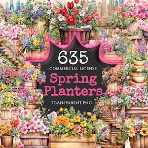 Spring Planters Watercolor Clipart Bundle - 630+ transparent PNG, Spring planter images, Vibrant floral art, Commercial use,Digital download