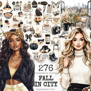 Puede incluir: Ilustración digital con dos mujeres y elementos temáticos de otoño. La imagen incluye accesorios de moda, paisajes urbanos y el texto "FALL IN CITY". La paleta de colores es cálida, con acentos de estampado de leopardo.