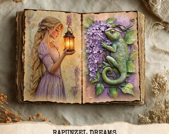 Rapunzel Dreams Junk Journal Pages – Tangled Fairytale, Purple Scrapbook (Digital Download)