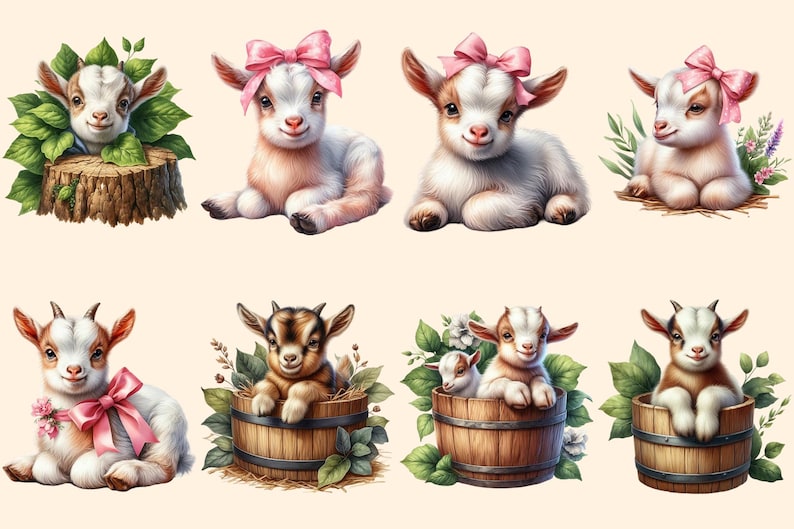 Baby Goats PNG Clipart Collection - 38 PNG, Charming goat illustrations, Farmyard art printables, Commercial use, Digital download