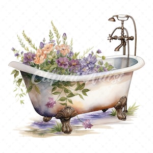 20 High-Quality Floral Old Bath Tub Clipart - Floral Bath Tub digital watercolor JPG instant download for commercial use - Digital download